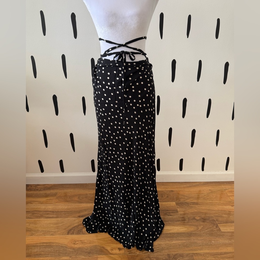 Free People Black Maxi Skirt with White Polka Dots and Tie Wrap Details